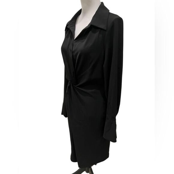Gracia Twist Front Shirt Dress Black Long Sleeve Collared Side Zip Pockets L NWT - Picture 4 of 14